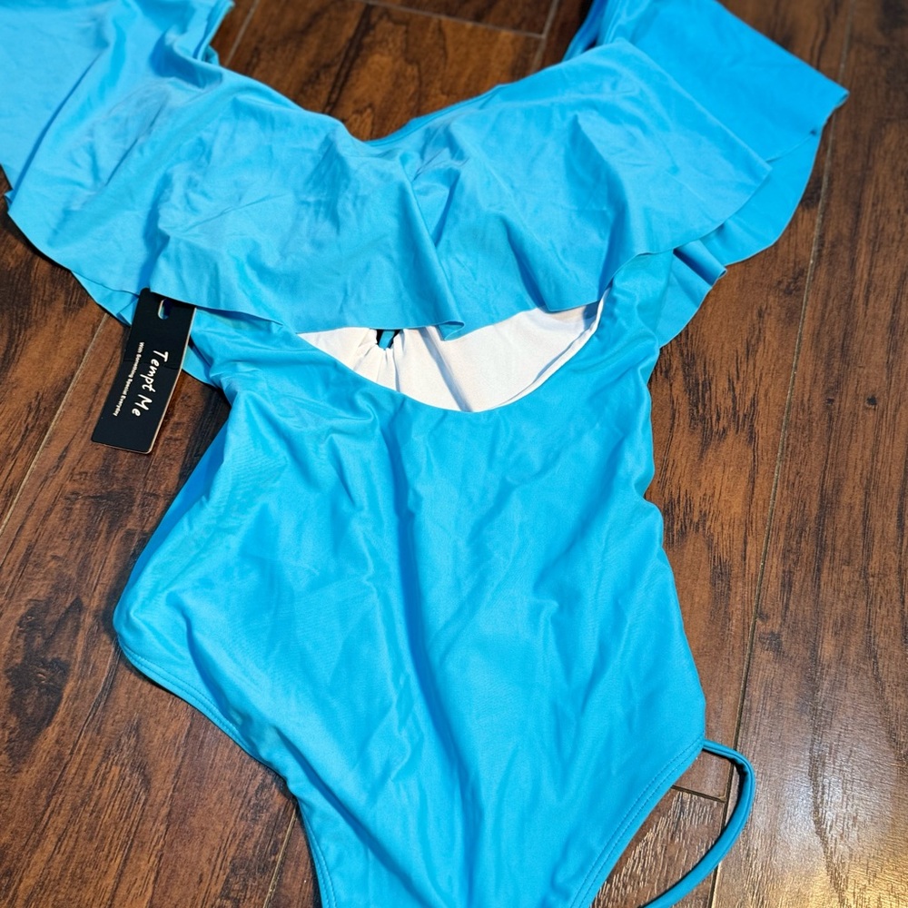Blue Ruffled Women's Swimsuit - Picture 4 of 4